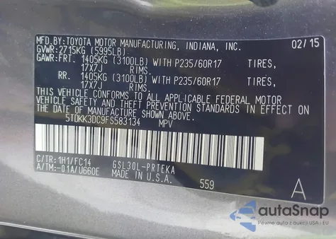 2015 Toyota Sienna Le 8 Passenger z USA, uszkodzony, nr VIN 5TDKK3DC9FS583134